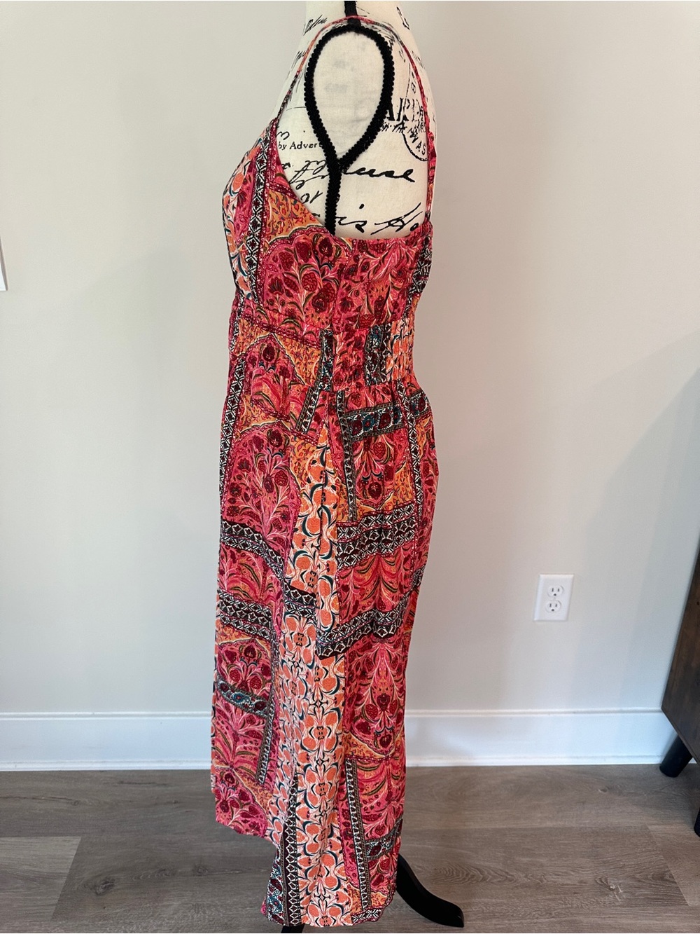 Old Navy Coral-Red and Orange Patterned patchwork strapless Midi Dress size M - Picture 3 of 10